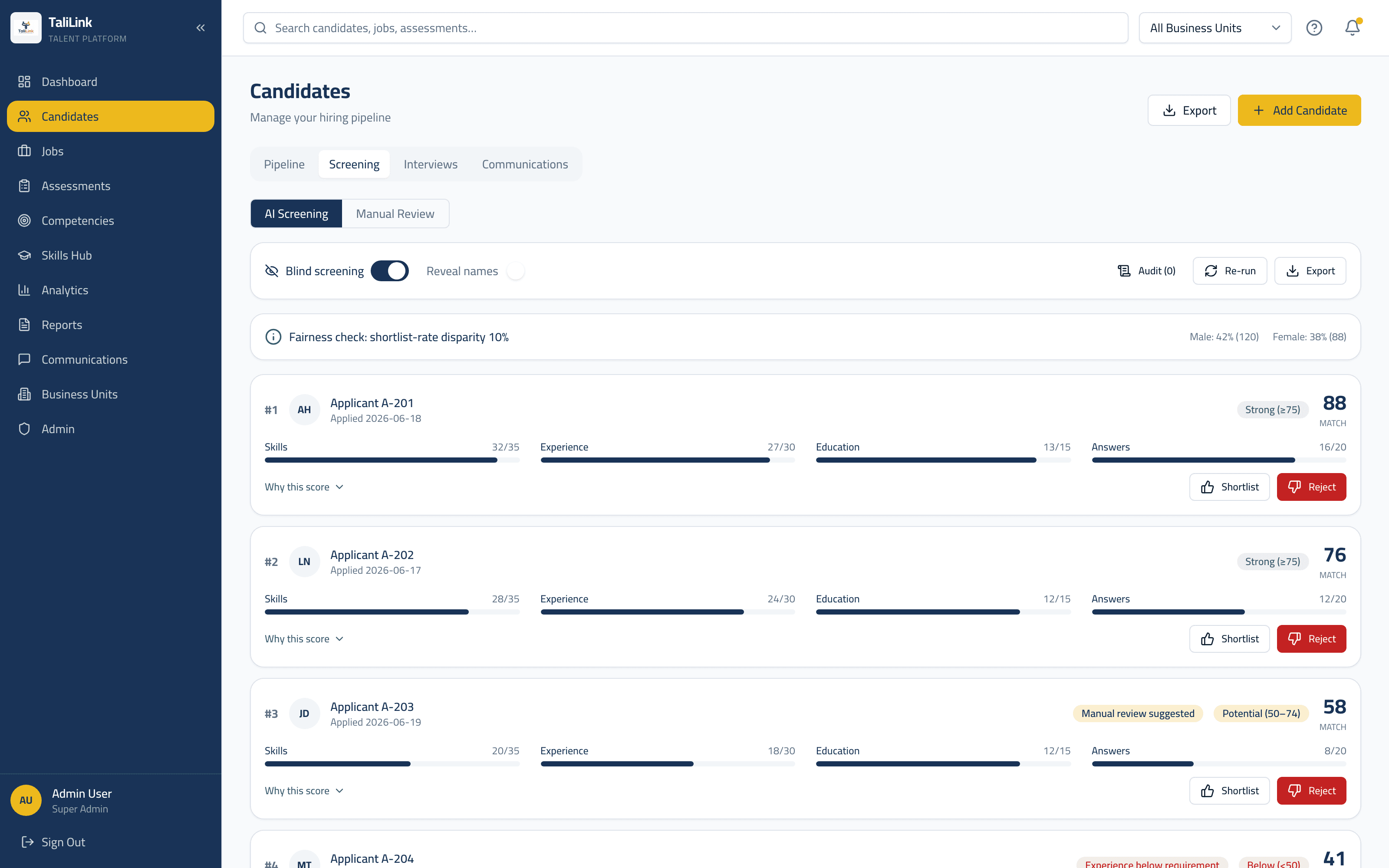 TaliLink AI screening with blind mode and fairness check